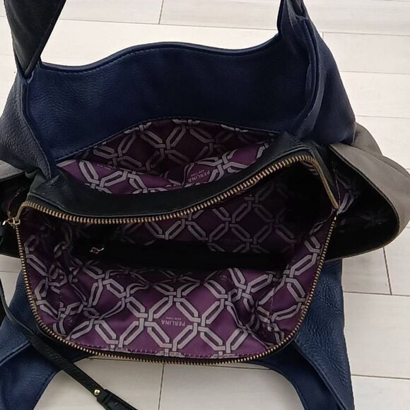 Perlina New York Women's Solid Leather Shoulder Bag Navy and Gray - Picture 6 of 7